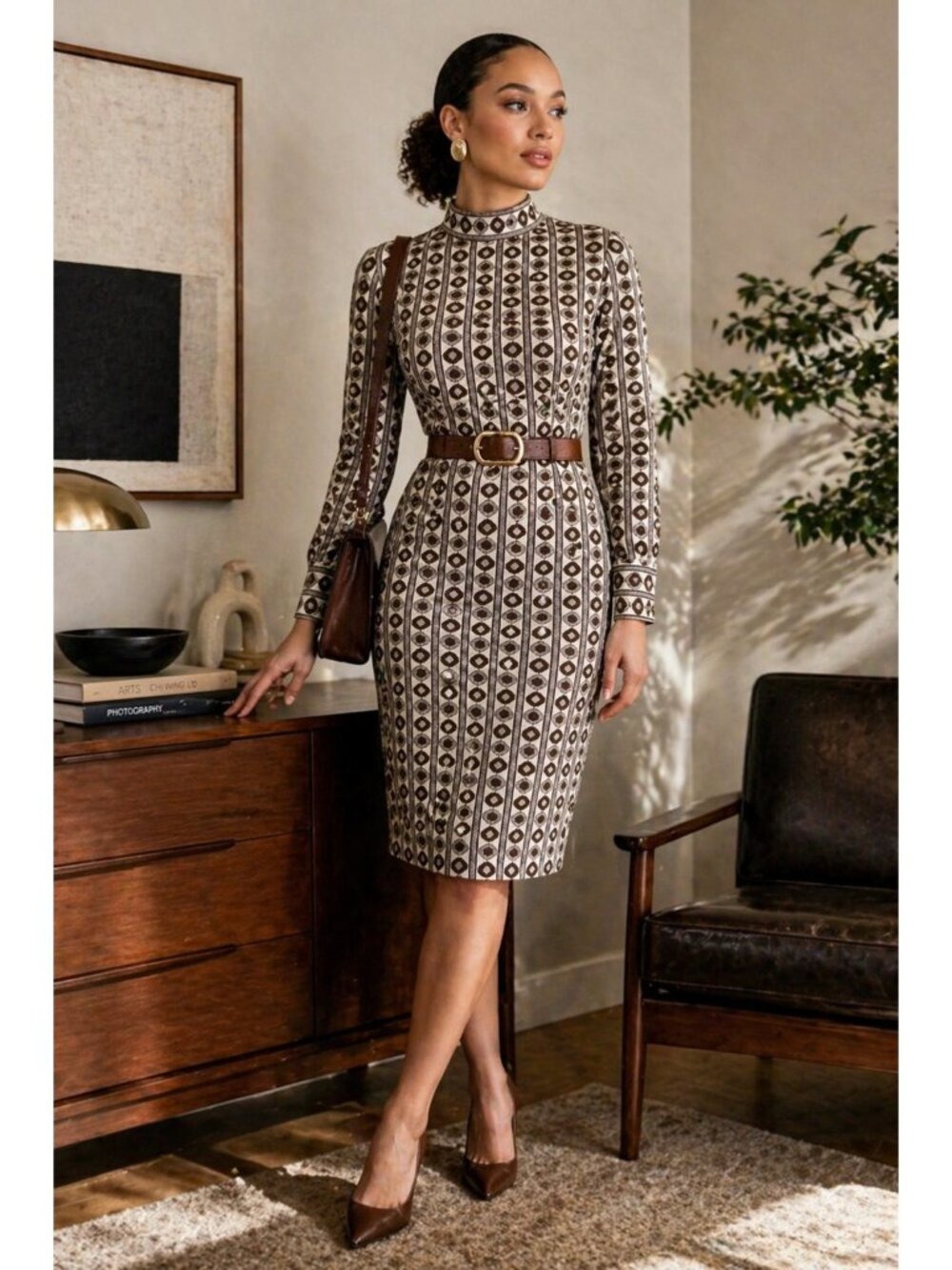 Vintage Act III Dress Mock Neck Geometric Brown Knit Midi 70s Mod Retro